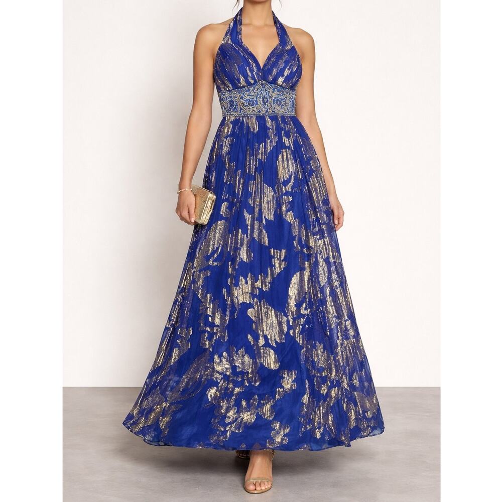 Sue Wong Nocturne‎ Silk Blue Gold Halter Beaded Maxi Gown Dress Size 4 Formal